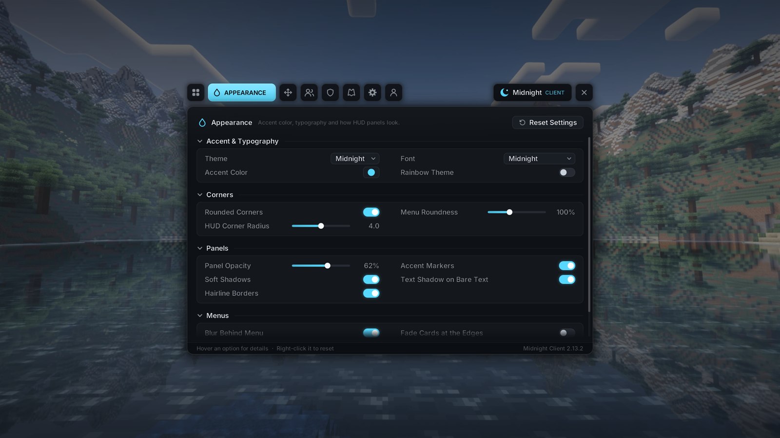 The Appearance page of the Midnight menu