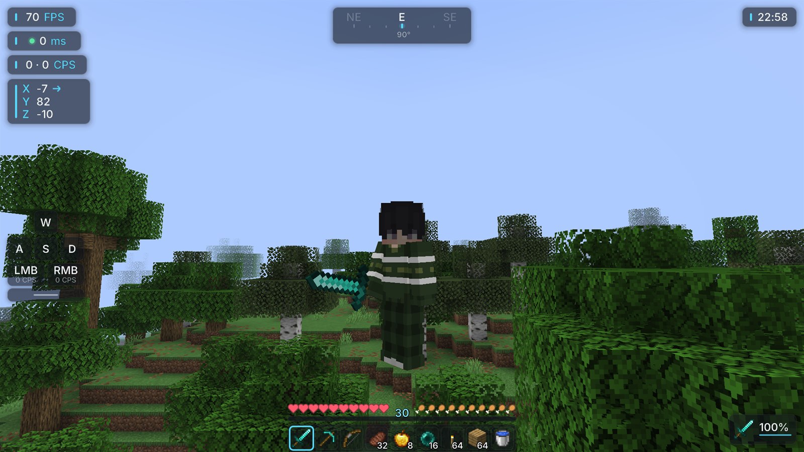 A player seen from the front in a Minecraft landscape, with Midnight's HUD pieces around the screen