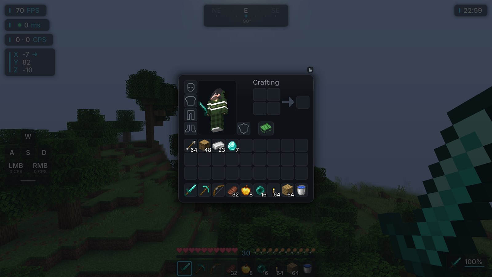 The player's inventory drawn as a dark rounded panel