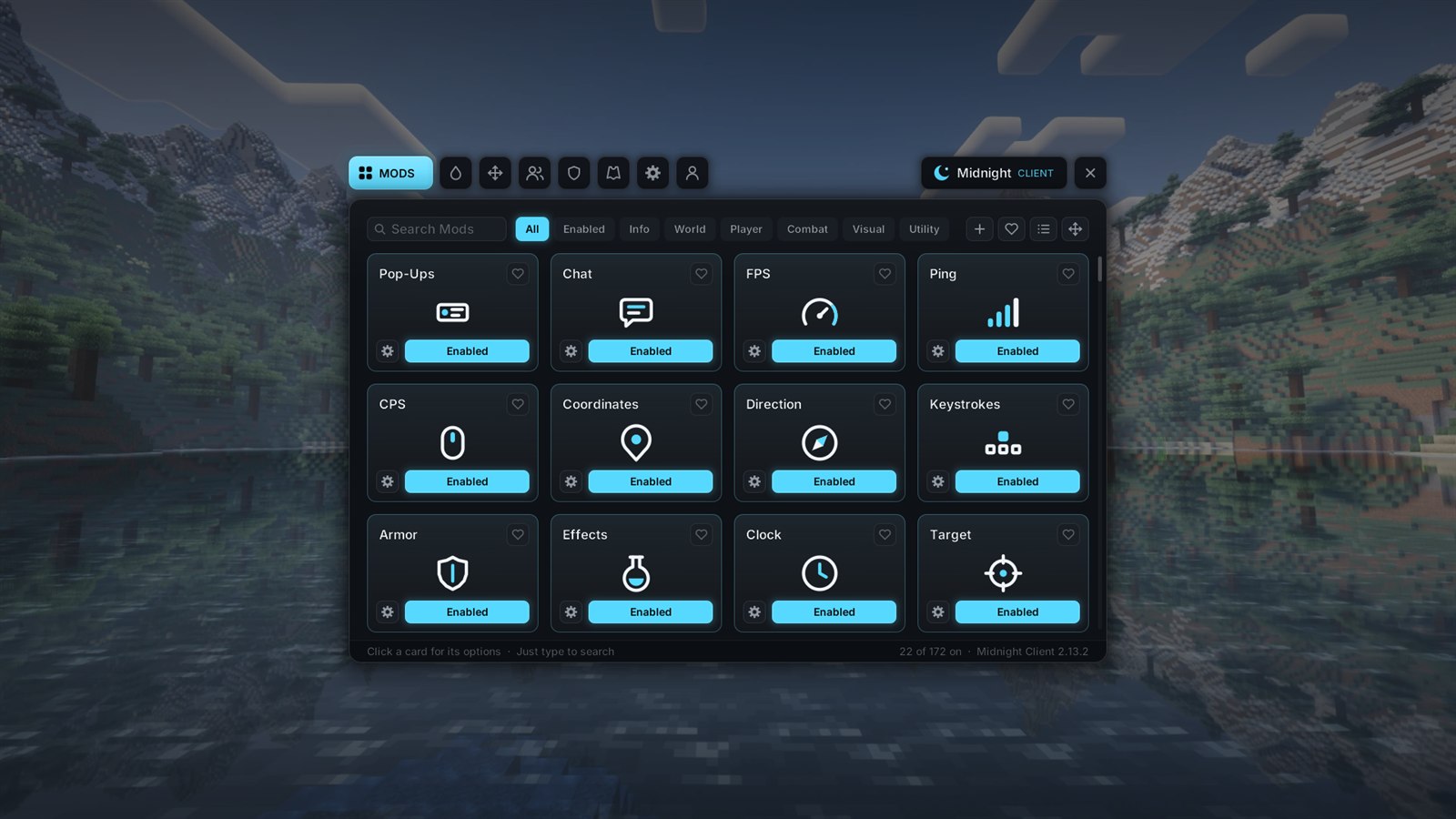 The Midnight menu showing a grid of module cards such as FPS, Ping, CPS and Coordinates