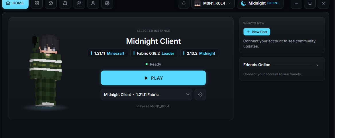 Midnight Launcher's Home page with the player's skin, the selected instance and a large Play button