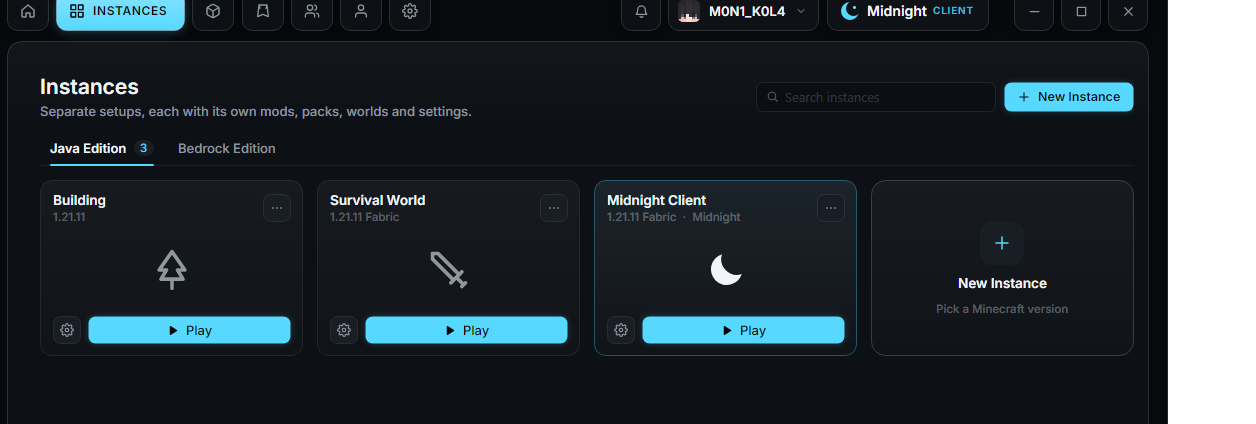 The launcher's Instances page with three instances and a New Instance card